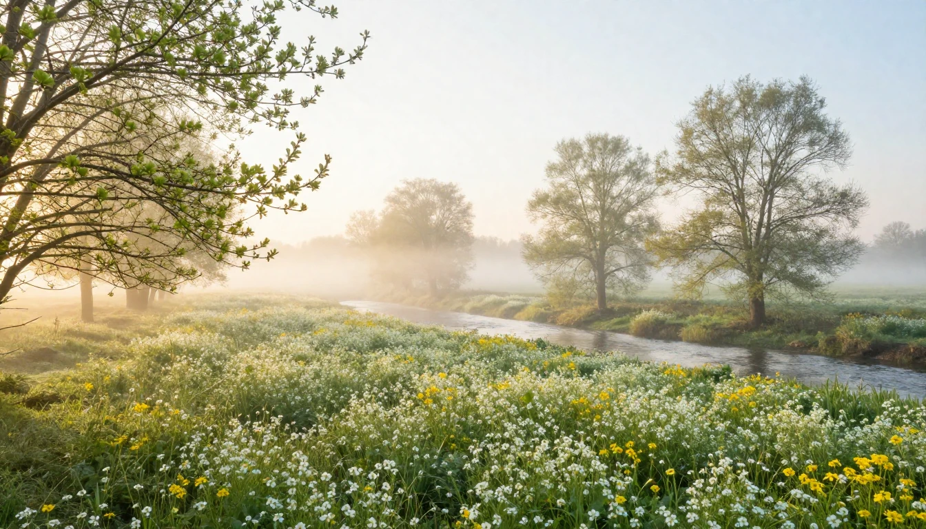 A serene landscape at dawn during early spring. Soft green b...