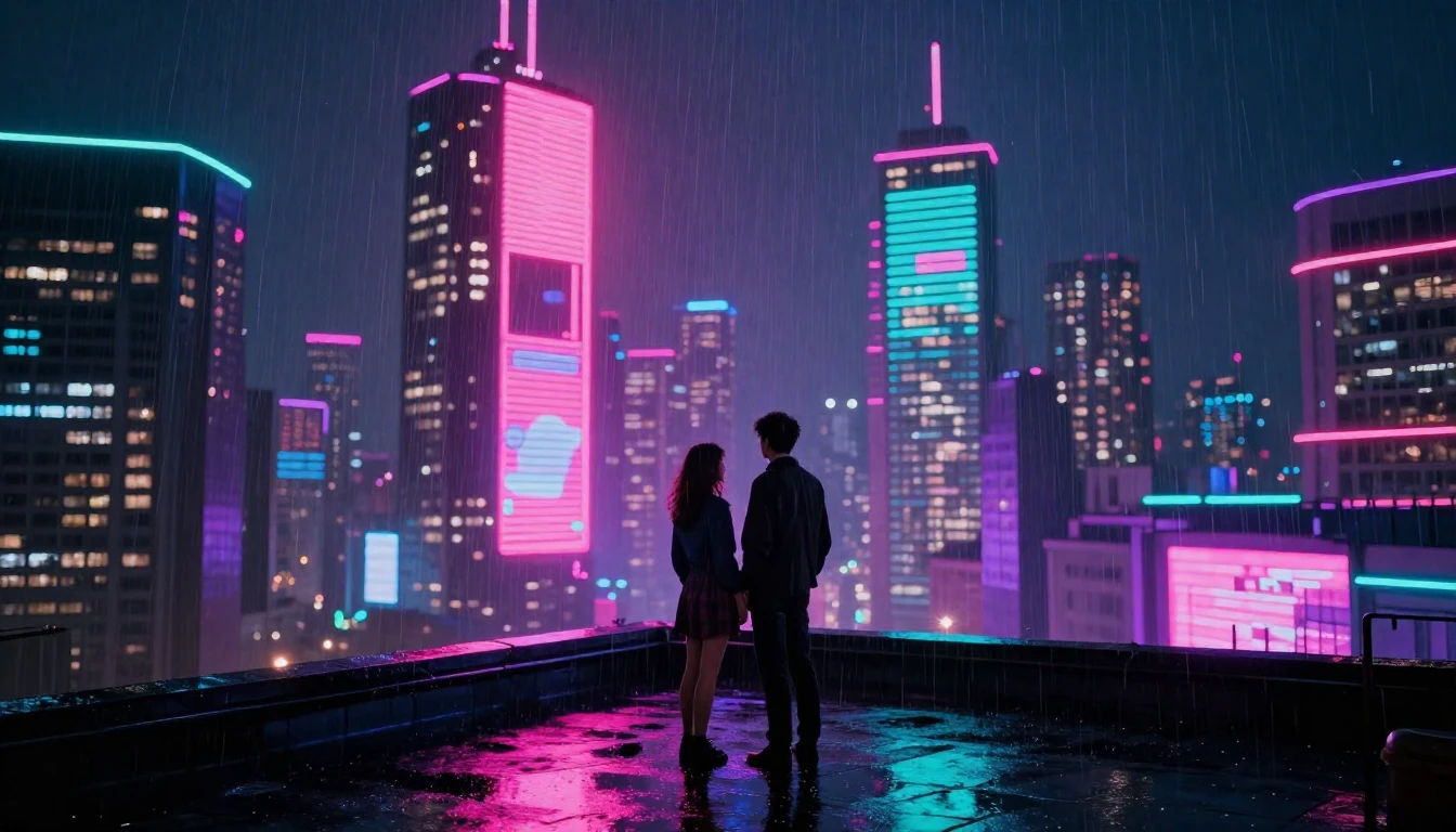 A cinematic, atmospheric night scene in a retro-futuristic c...