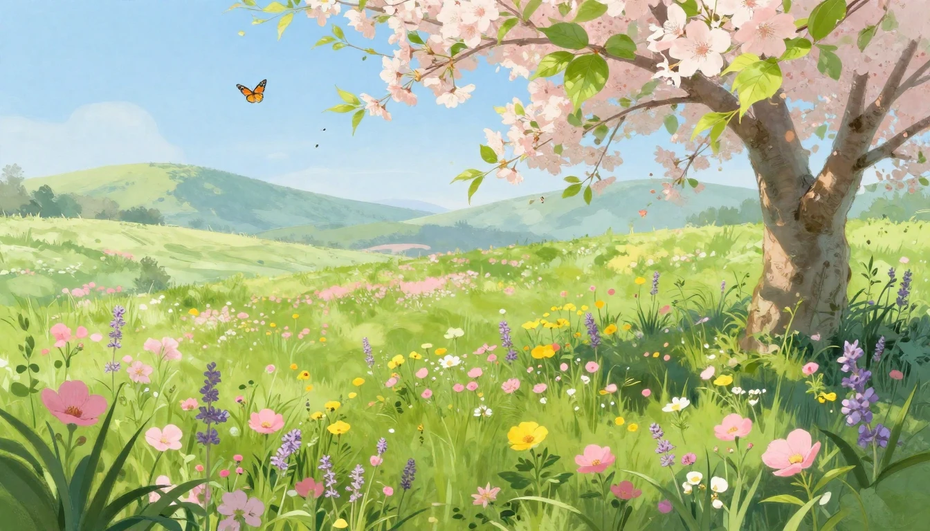 A lush, vibrant meadow filled with blooming wildflowers in s...