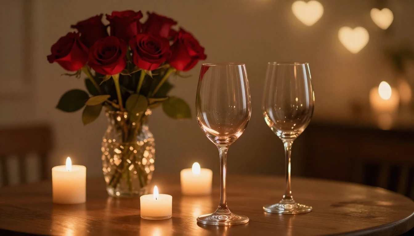 A serene and romantic scene featuring two elegant wine glass...
