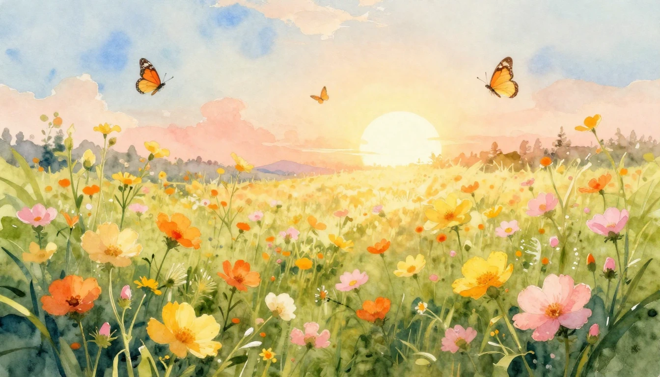 A vibrant watercolor painting of a lush meadow filled with b...