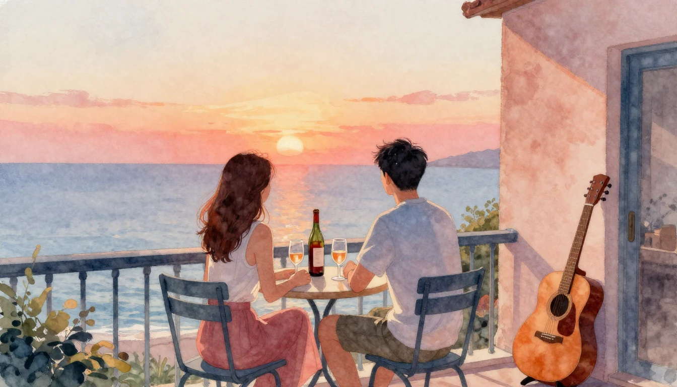 A romantic watercolor painting of a couple sitting on a balc...