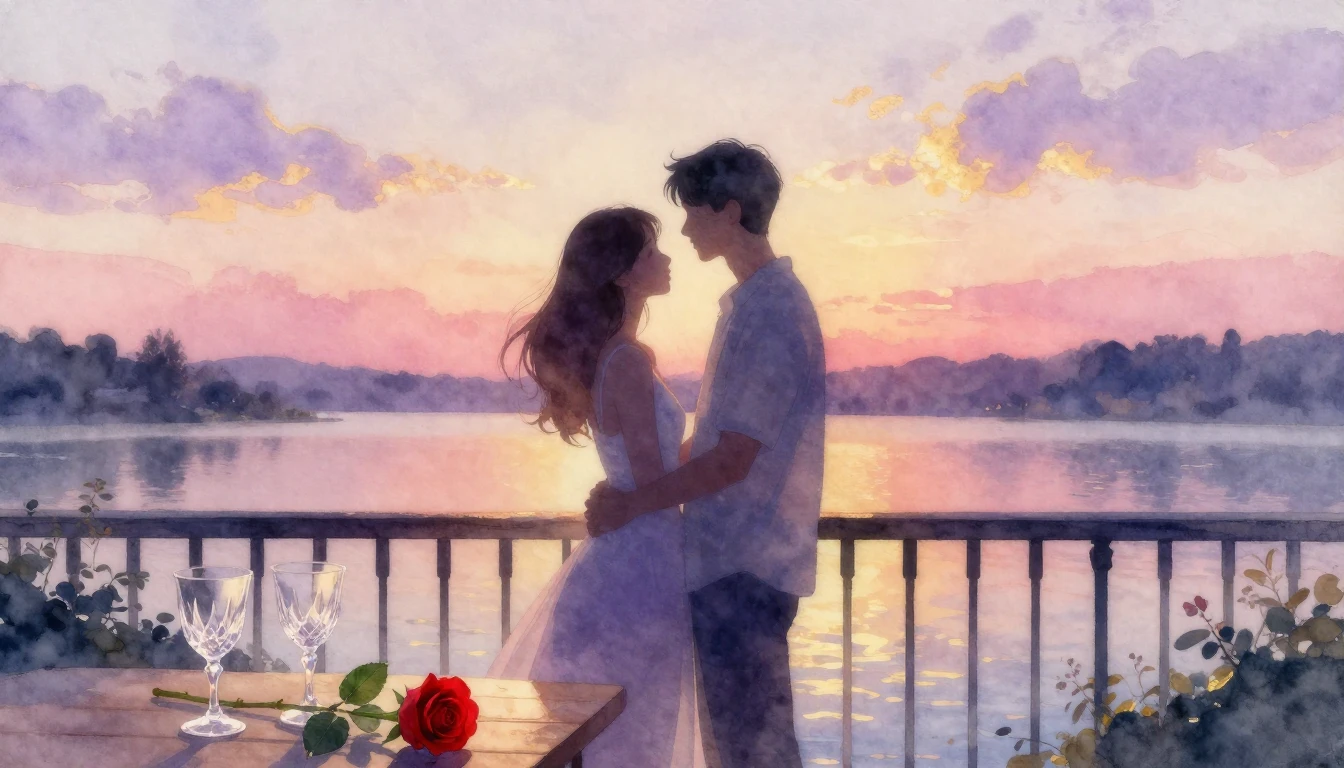 A delicate watercolor painting of two intertwined silhouette...