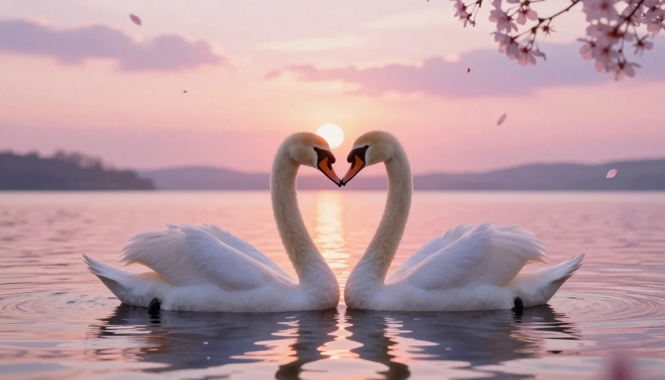 A dreamy and ethereal scene featuring two delicate swans for...