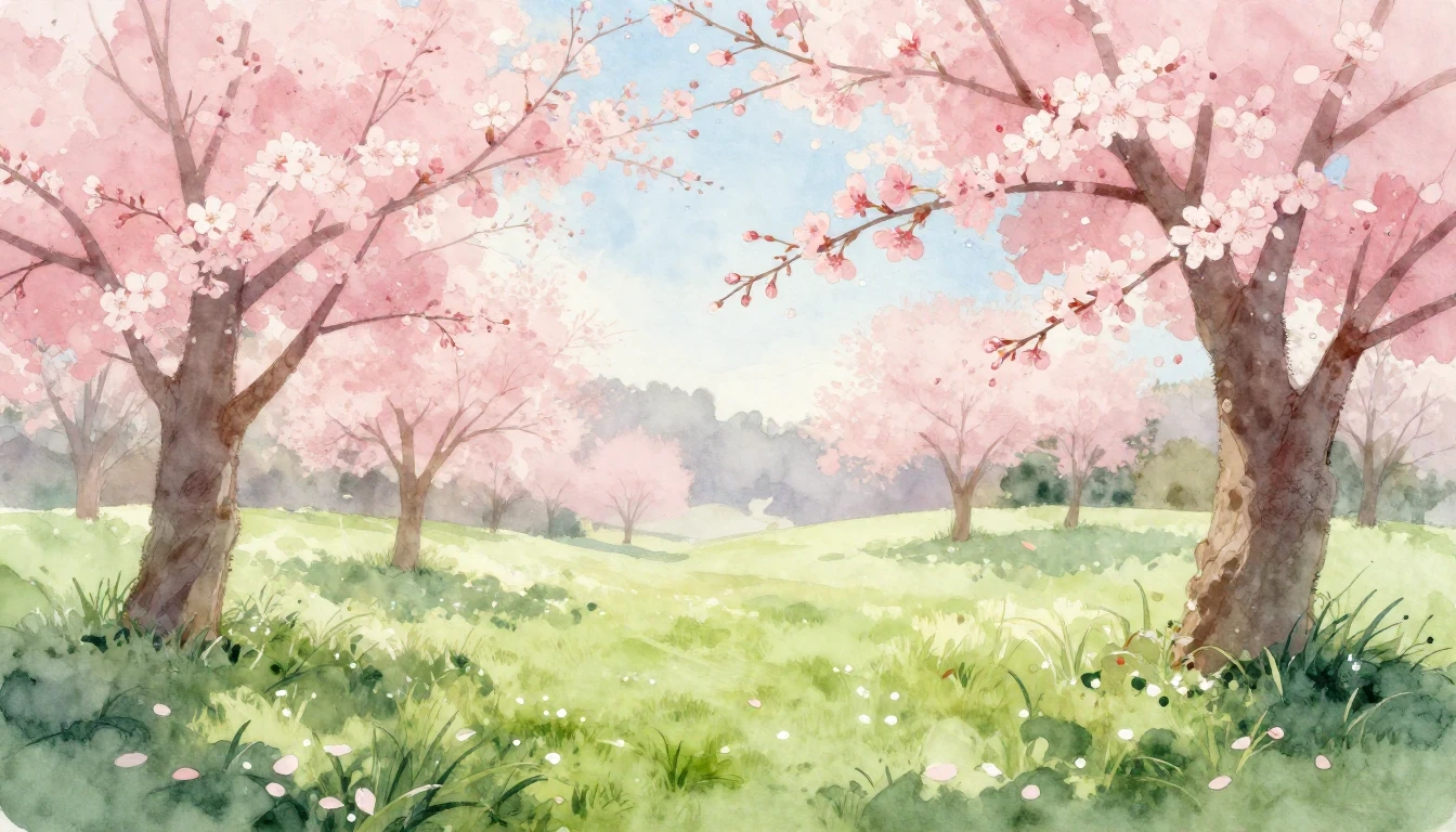 A beautiful watercolor painting of a lush meadow at dawn dur...