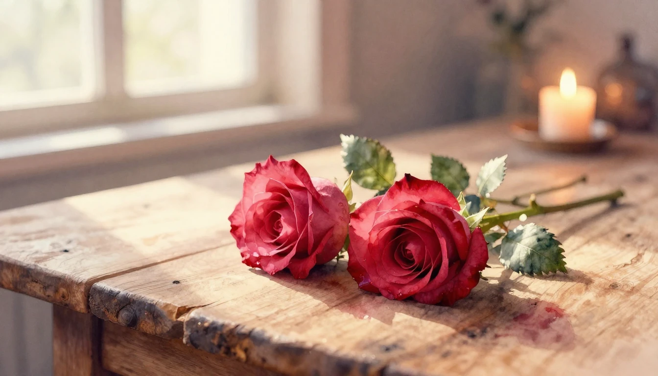 A beautiful watercolor painting of two delicate red roses in...
