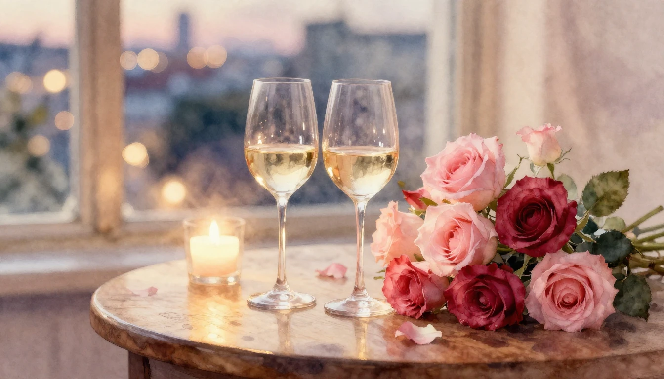 A delicate watercolor painting of two elegant wine glasses s...