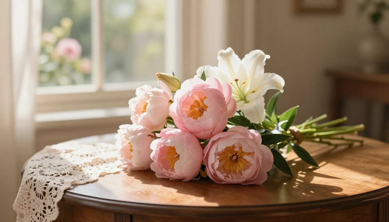 A serene and heartwarming scene featuring a beautiful bouque...