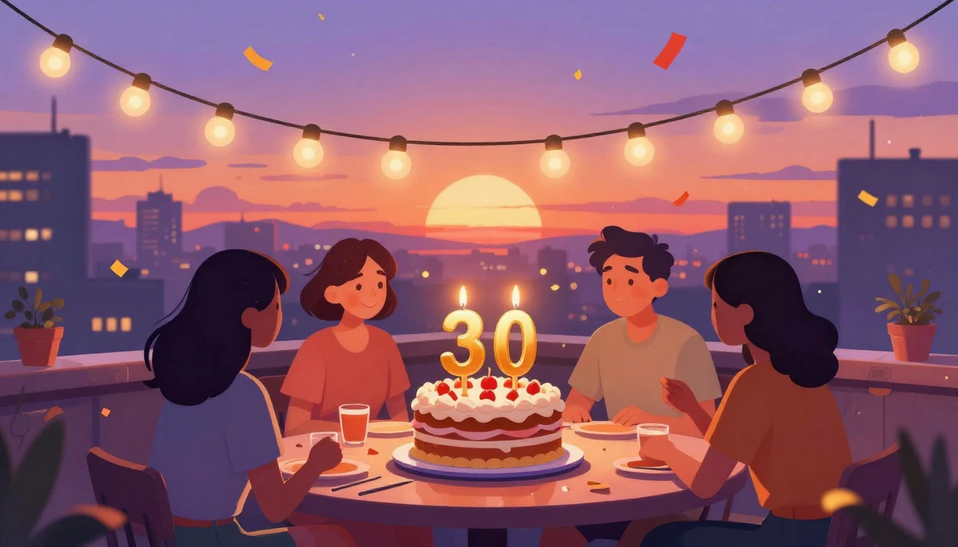 A warm and vibrant digital art illustration for a 30th birth...