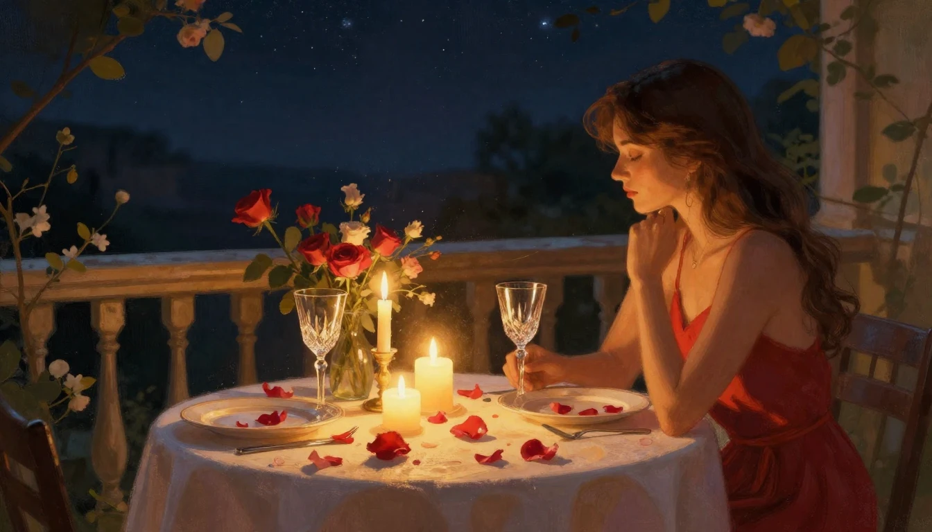 A dreamy and romantic scene of a candlelit dinner table set ...