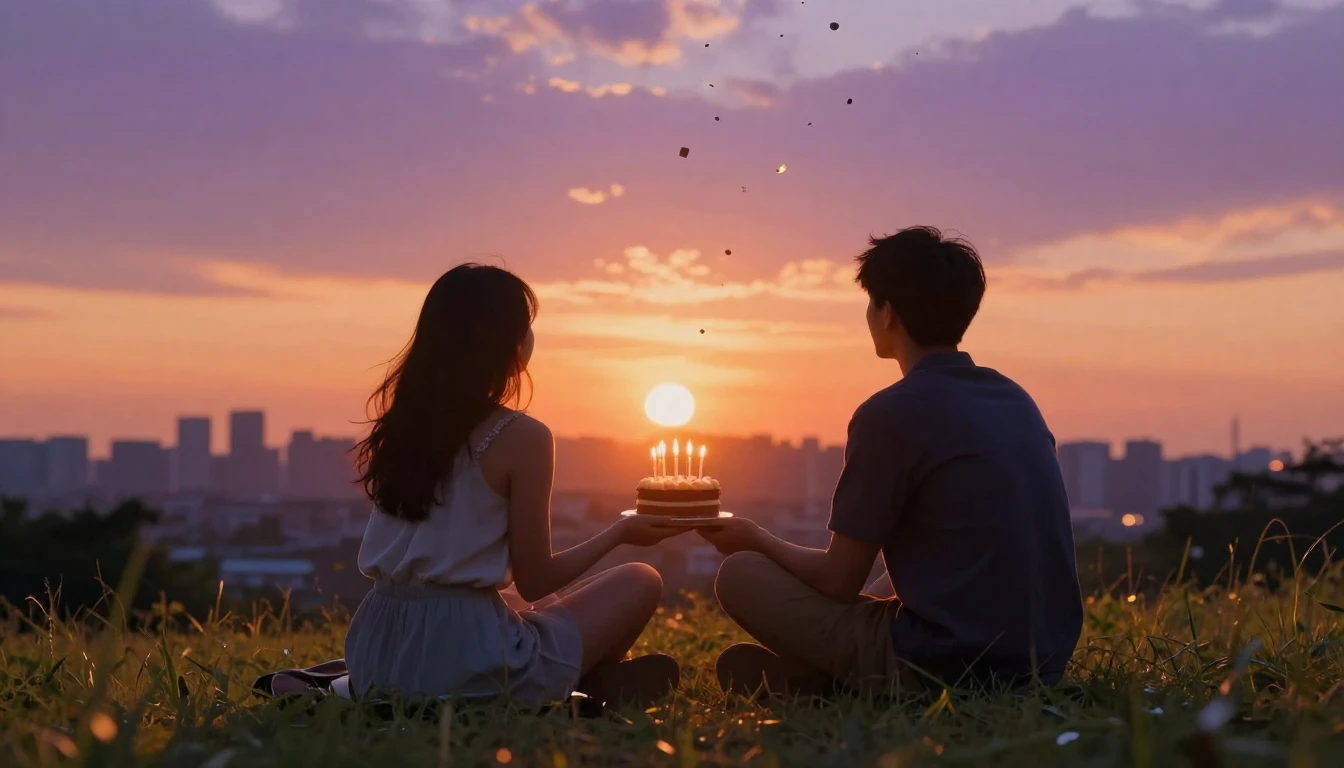 A warm and nostalgic scene depicting two silhouettes of frie...