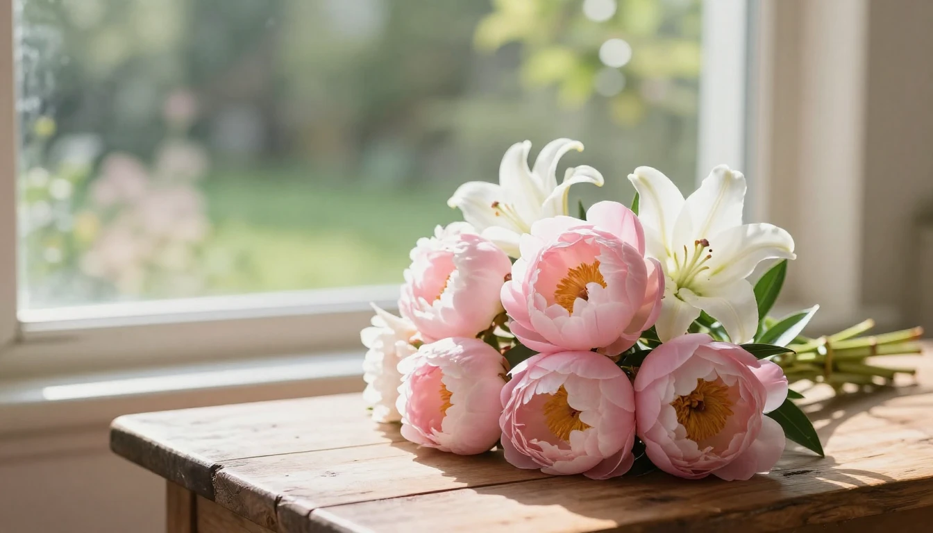 A beautiful bouquet of soft pink peonies and white lilies re...