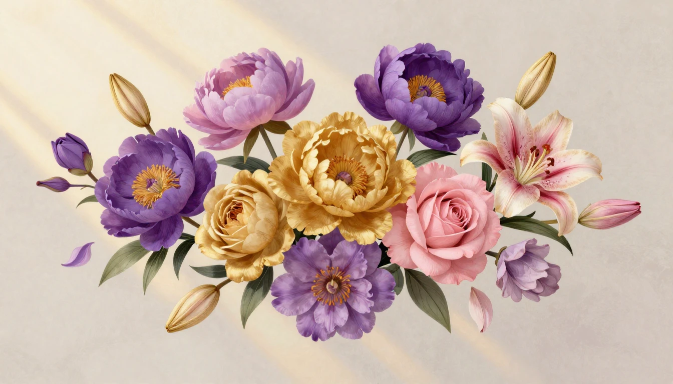 A vibrant and artistic composition featuring a variety of bl...