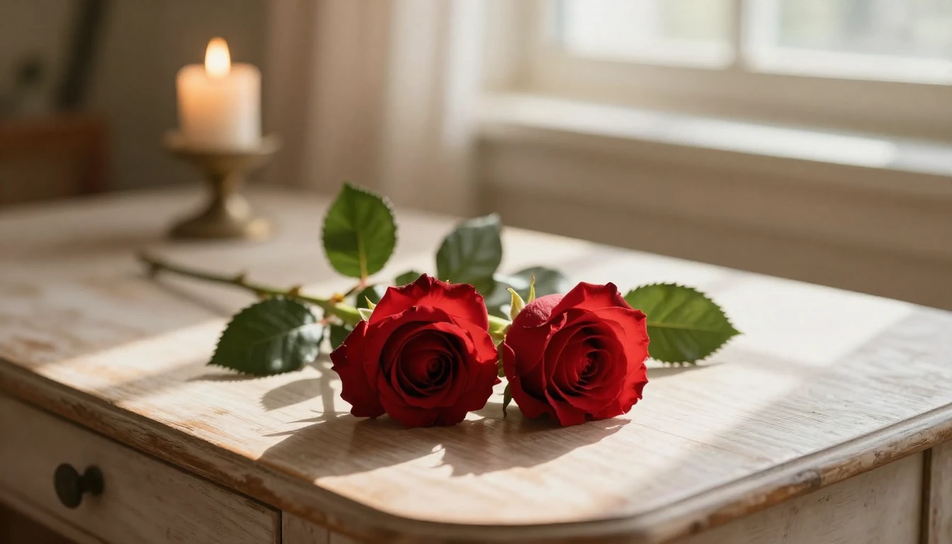 A beautiful and delicate scene featuring two intertwined red...