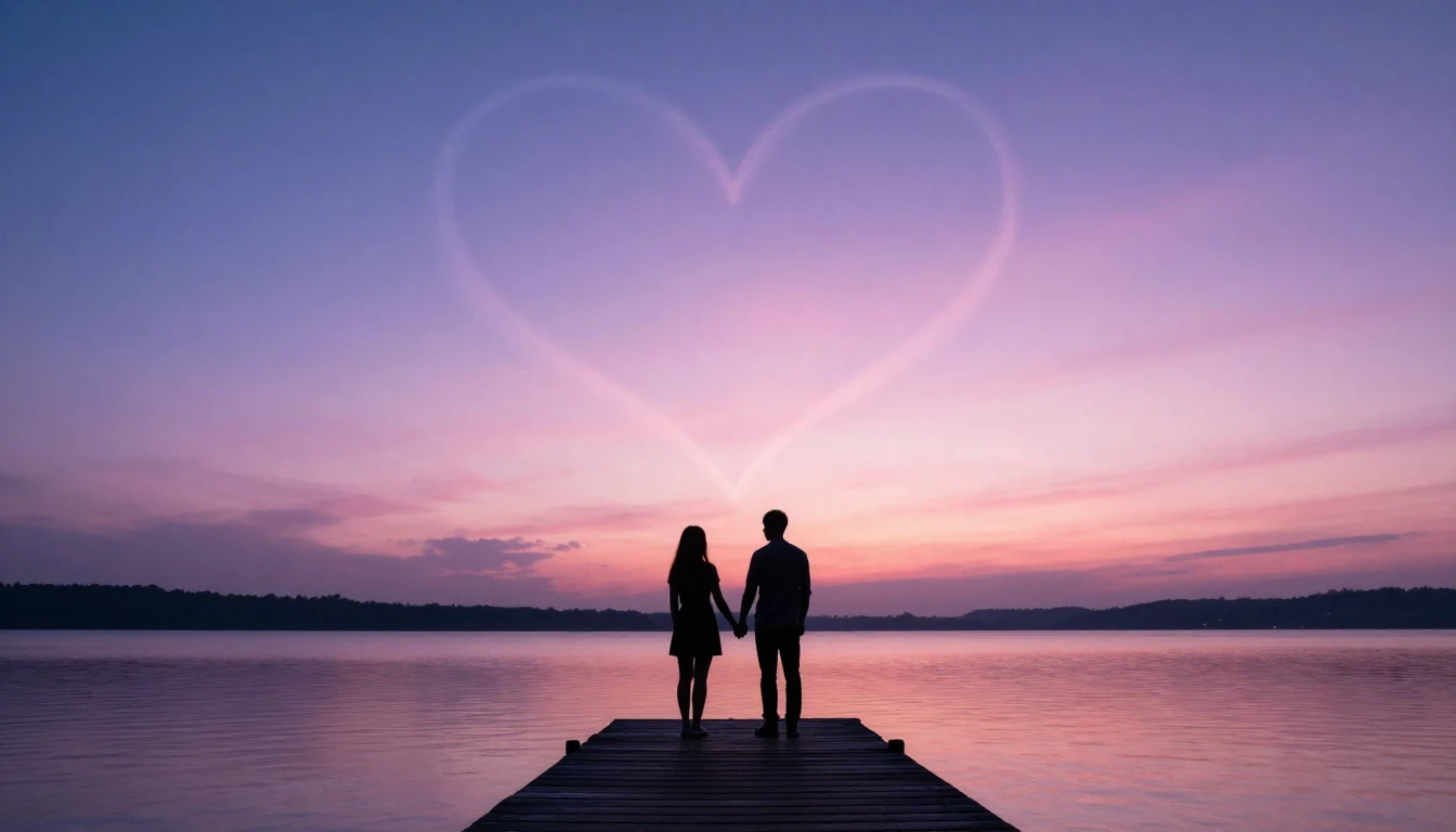 A romantic and ethereal scene depicting two silhouette figur...