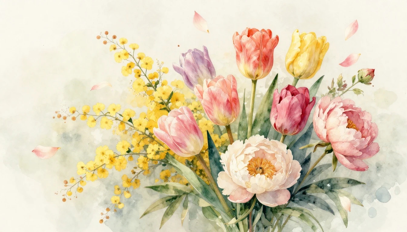 A beautiful watercolor painting of a vibrant bouquet of spri...