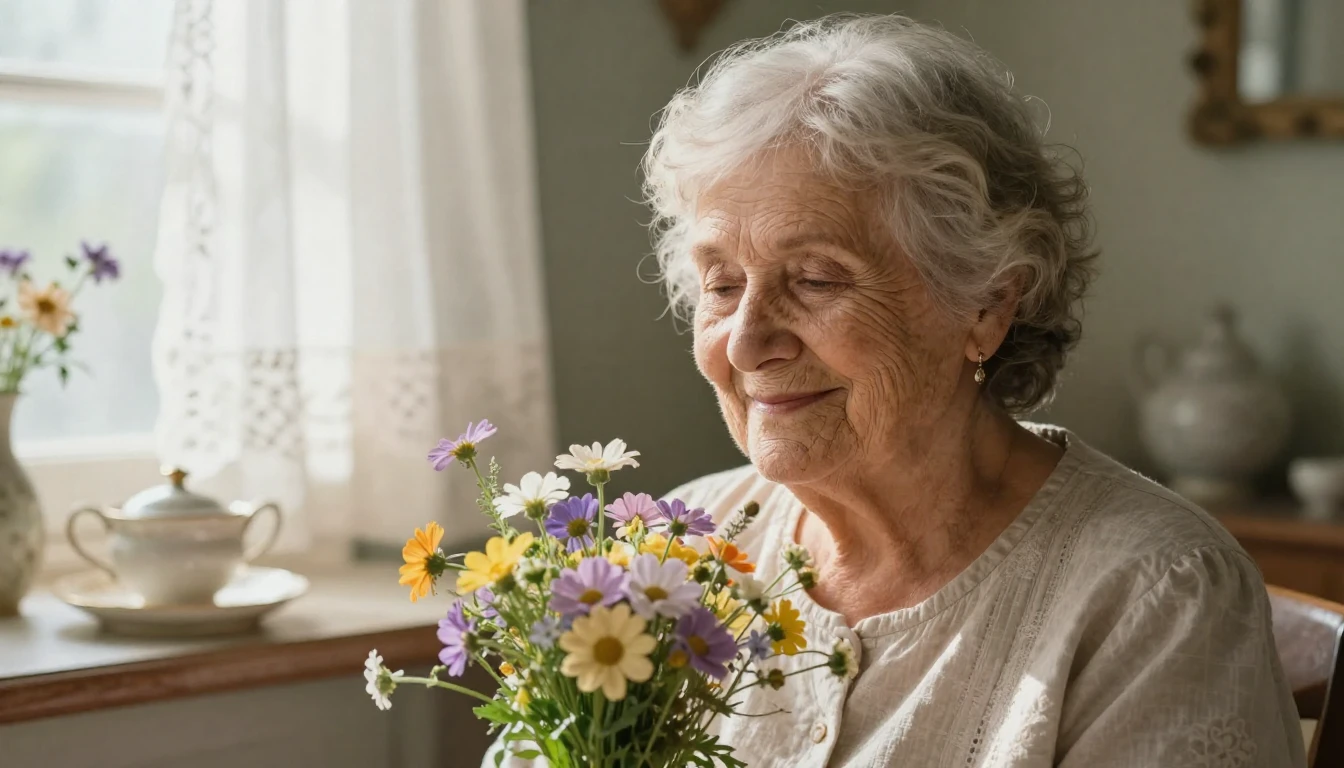 A heartwarming close-up portrait of a kind elderly grandmoth...