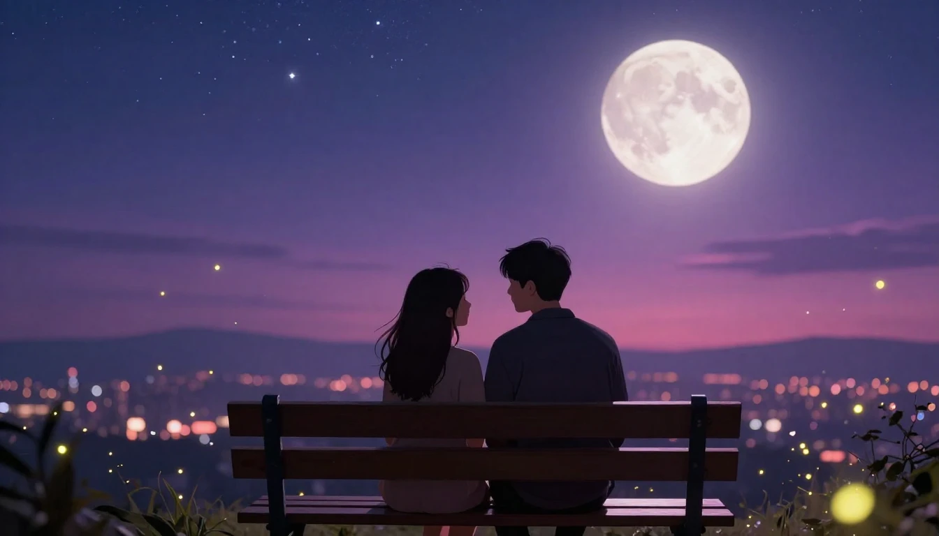 A romantic digital art scene featuring two silhouettes sitti...