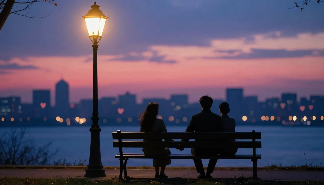 A romantic and dreamy scene depicting two silhouettes holdin...