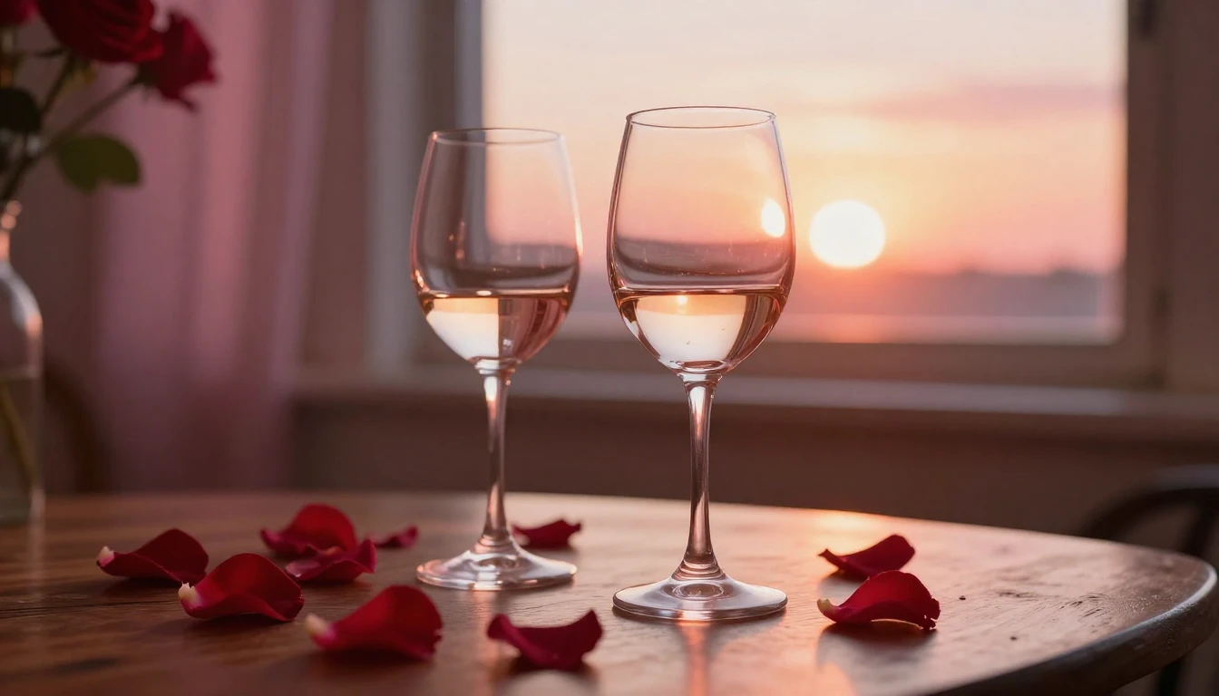 A beautiful and romantic scene featuring two elegant wine gl...
