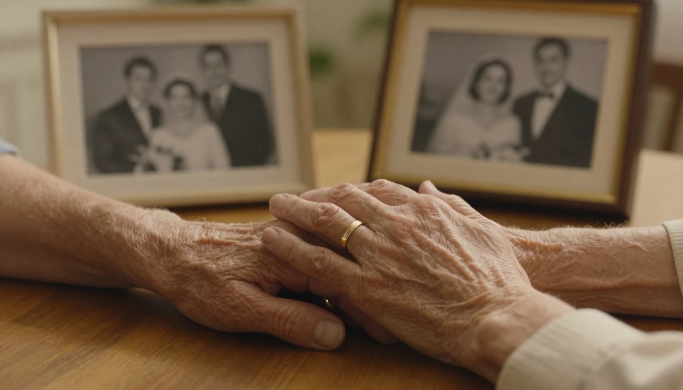 A close-up cinematic shot of an elderly couple's hands holdi...