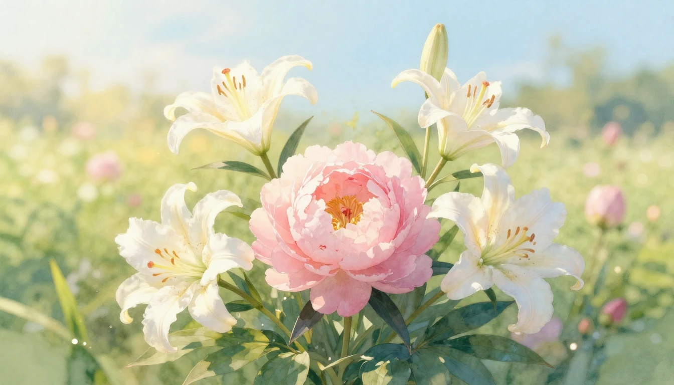 A beautiful watercolor painting of a blooming garden in soft...