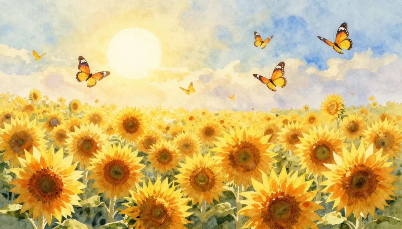 A vibrant and ethereal watercolor painting depicting a vast ...