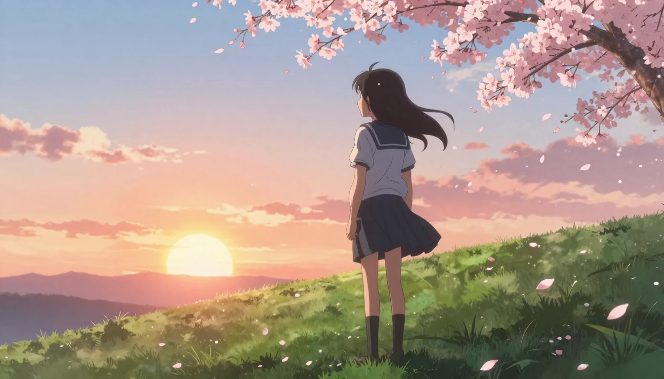 A serene and emotional anime-style illustration of a young g...