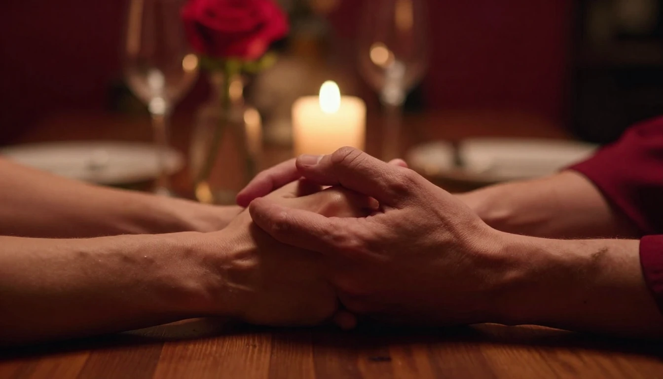 A cinematic close-up shot of two hands holding each other ti...