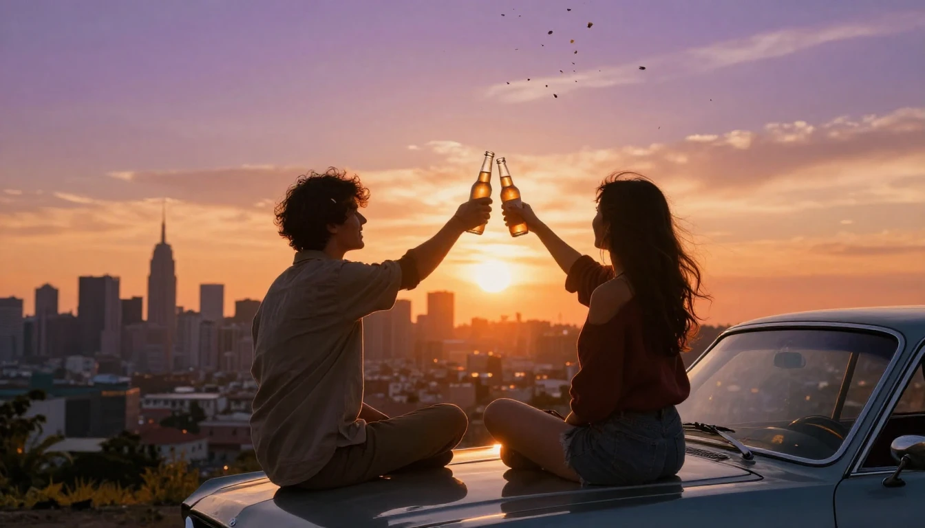 Two friends sitting side by side on the hood of a vintage ca...