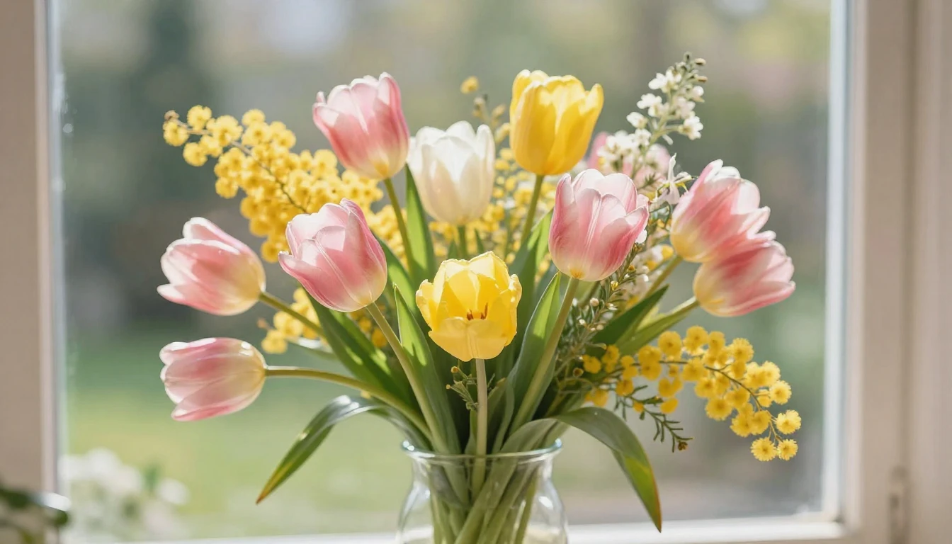A beautiful and vibrant spring bouquet featuring tulips, mim...