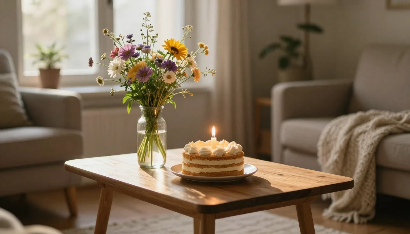 A cozy indoor scene featuring a small wooden table with a si...