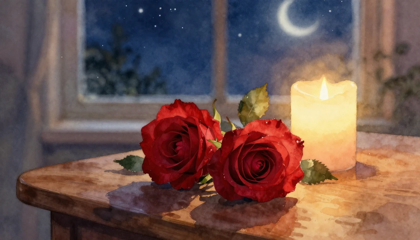 A beautiful watercolor painting of two delicate red roses in...