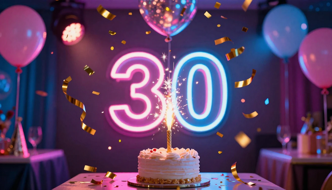 A vibrant and colorful birthday party scene celebrating a 30...