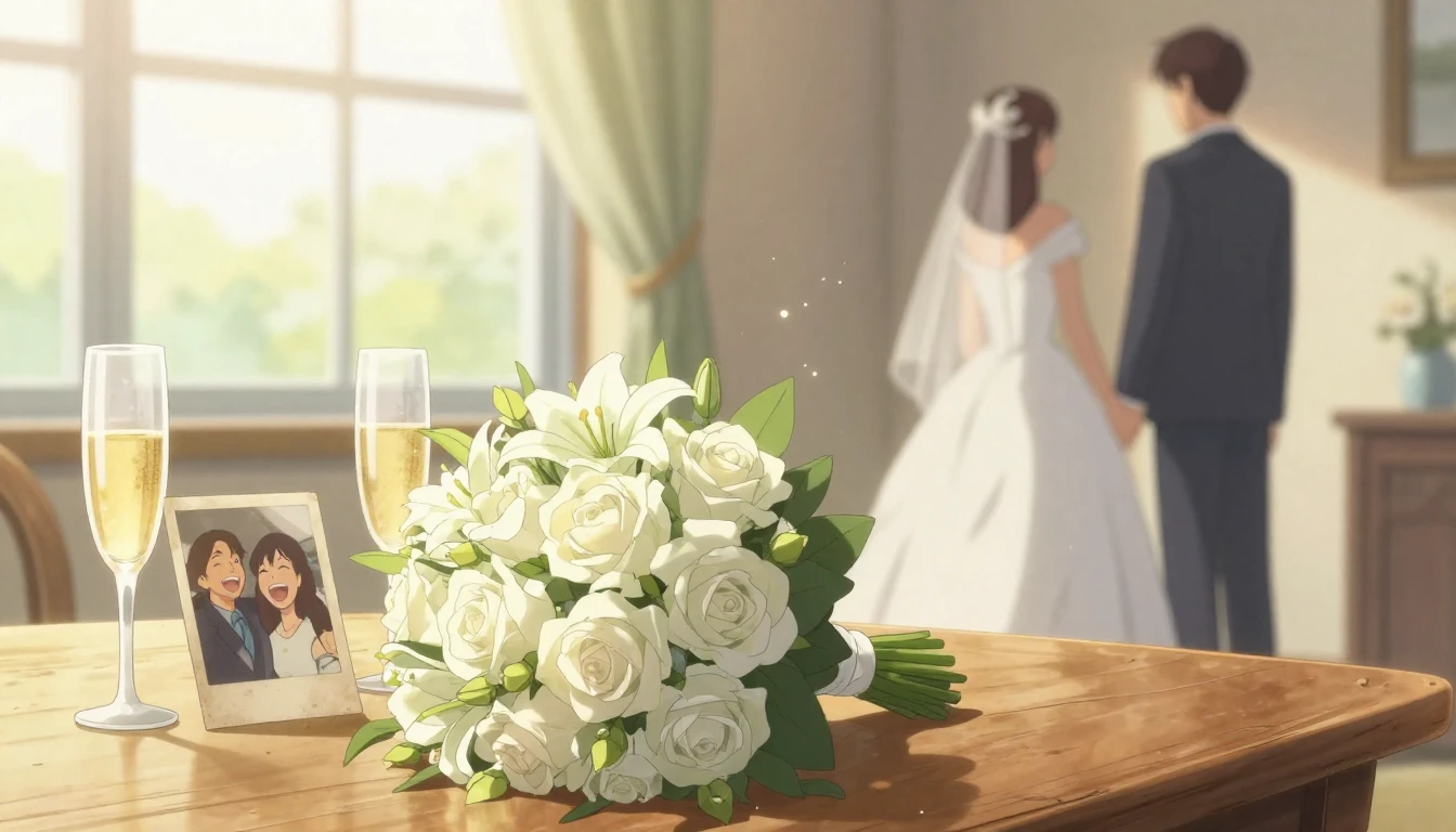 A sentimental anime-style illustration focusing on a wedding...