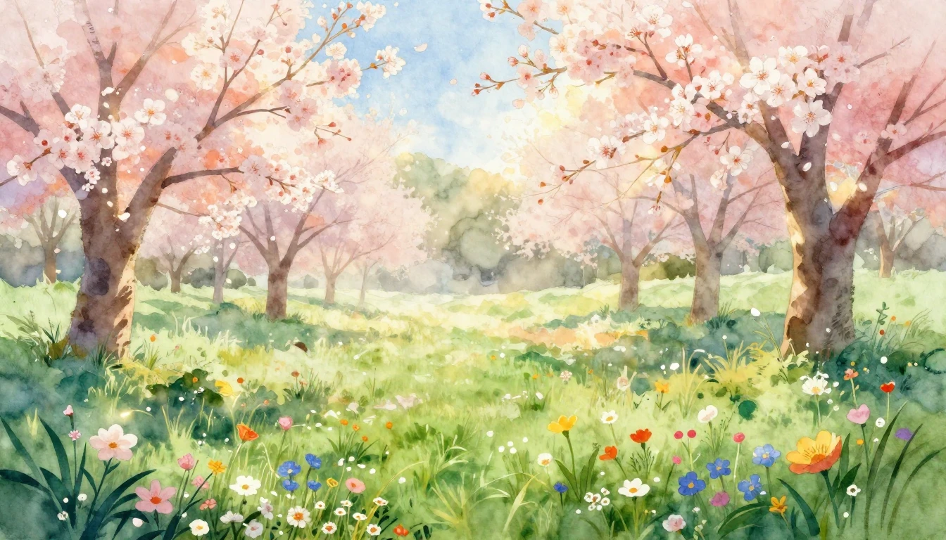 A breathtaking watercolor painting of a lush spring meadow a...