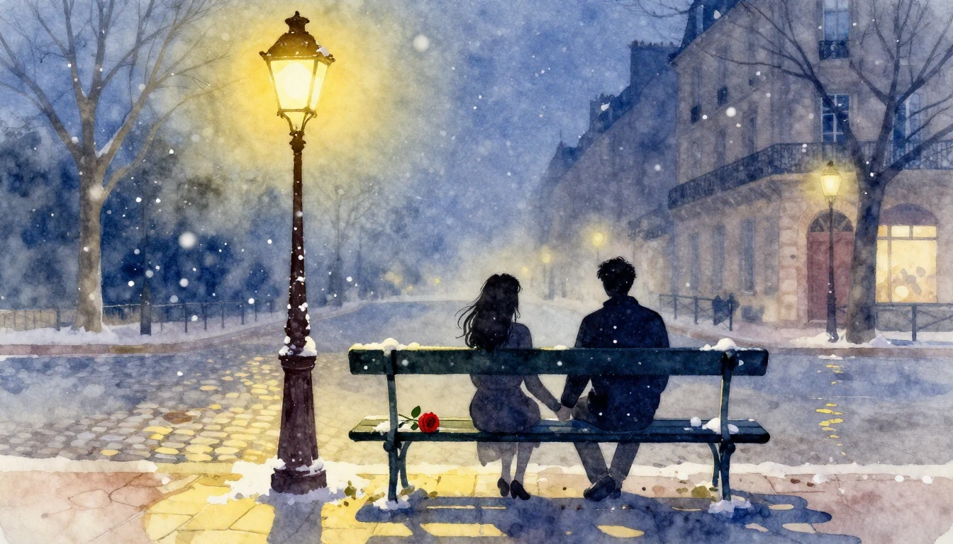 A romantic scene in a Parisian street at night, watercolor s...