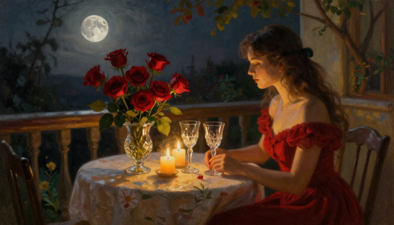 A lush oil painting of a candlelit table set for two on a ba...