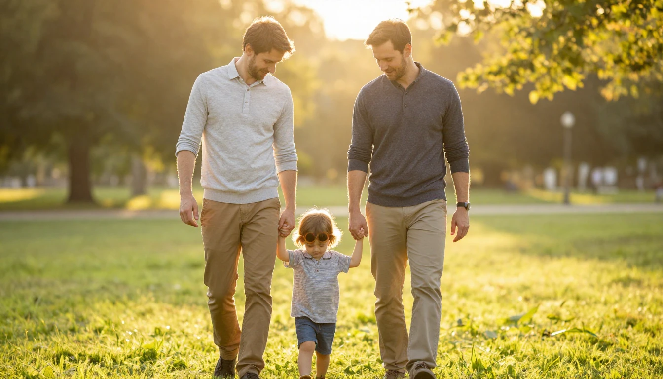 A heartwarming scene of a father and a young child walking h...