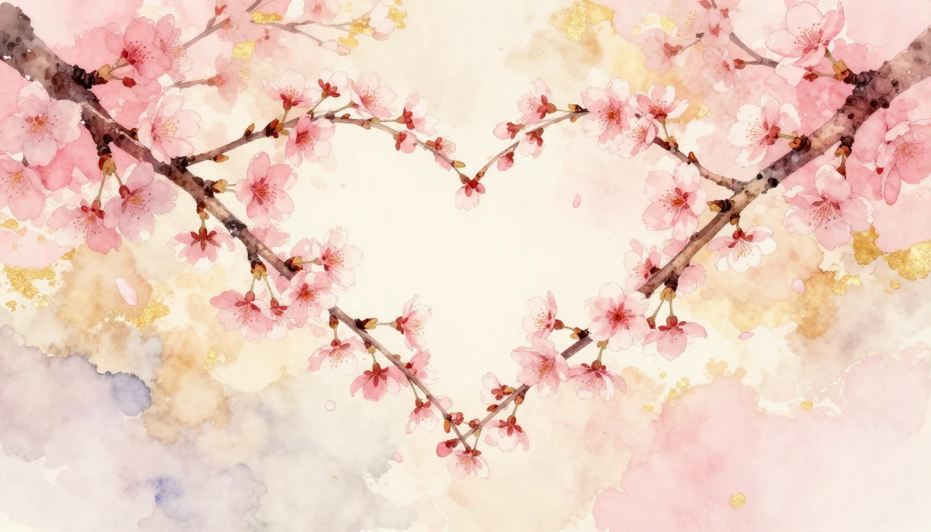 A delicate watercolor painting of two intertwined cherry blo...