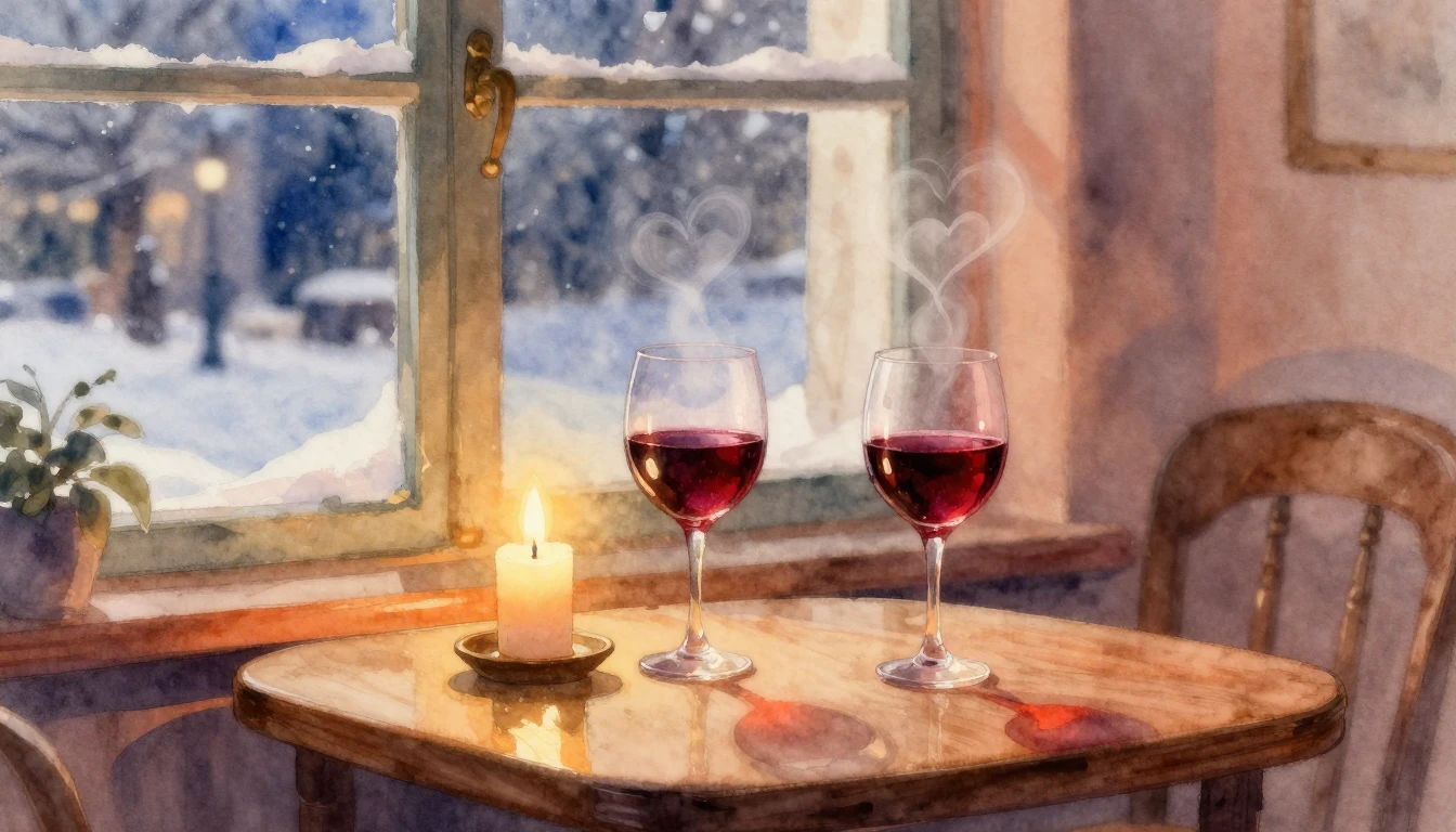 A romantic and cozy indoor scene depicted in soft watercolor...