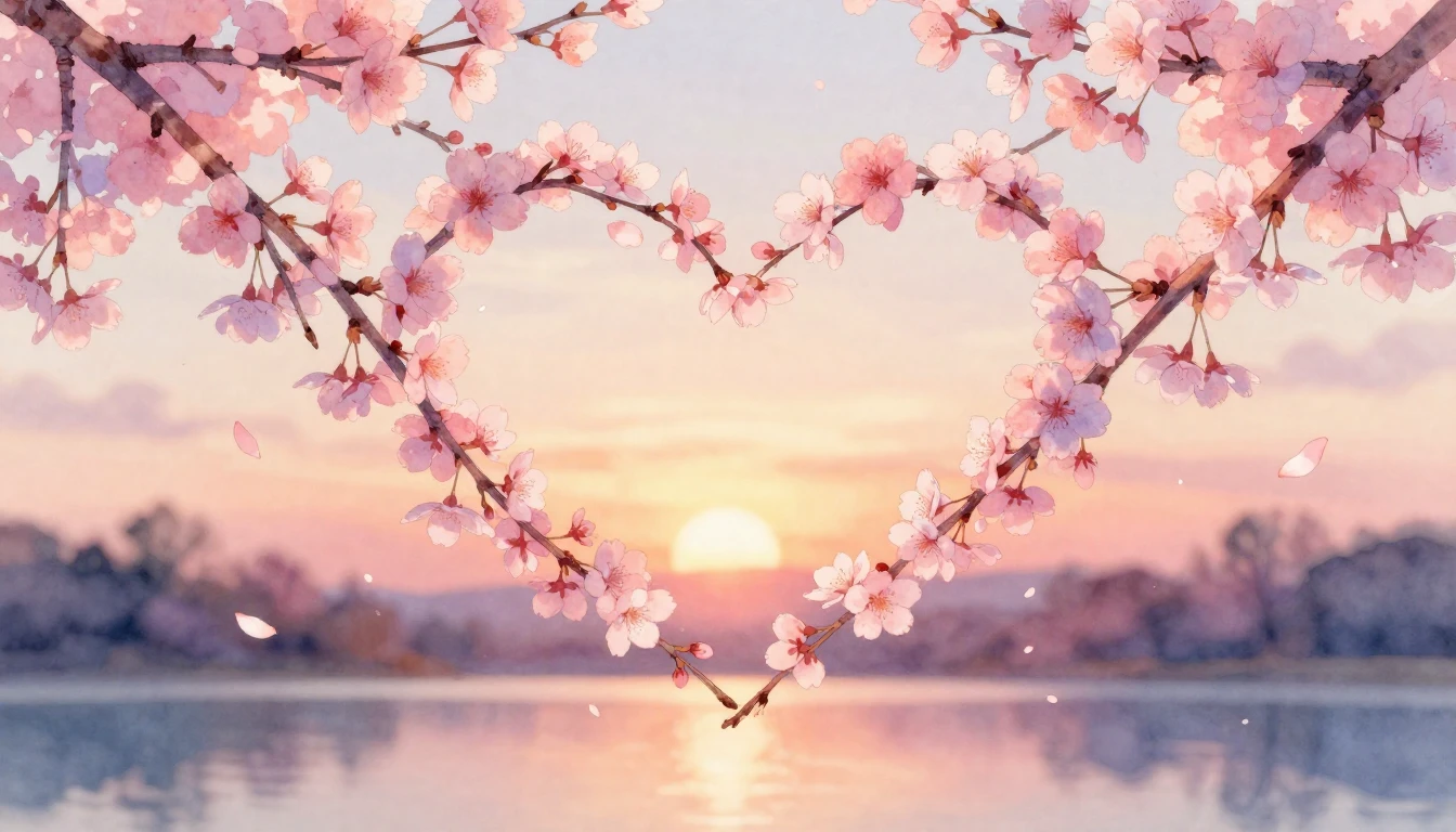 A delicate watercolor painting of two intertwined cherry blo...