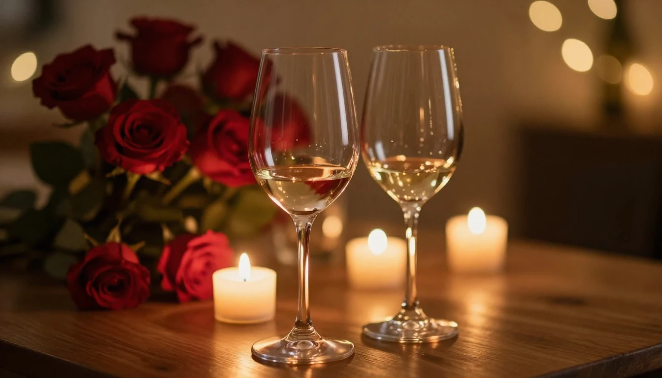 A close-up shot of two elegant wine glasses on a wooden tabl...