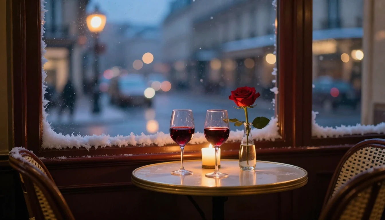 A romantic and intimate scene set in a cozy Parisian cafe at...