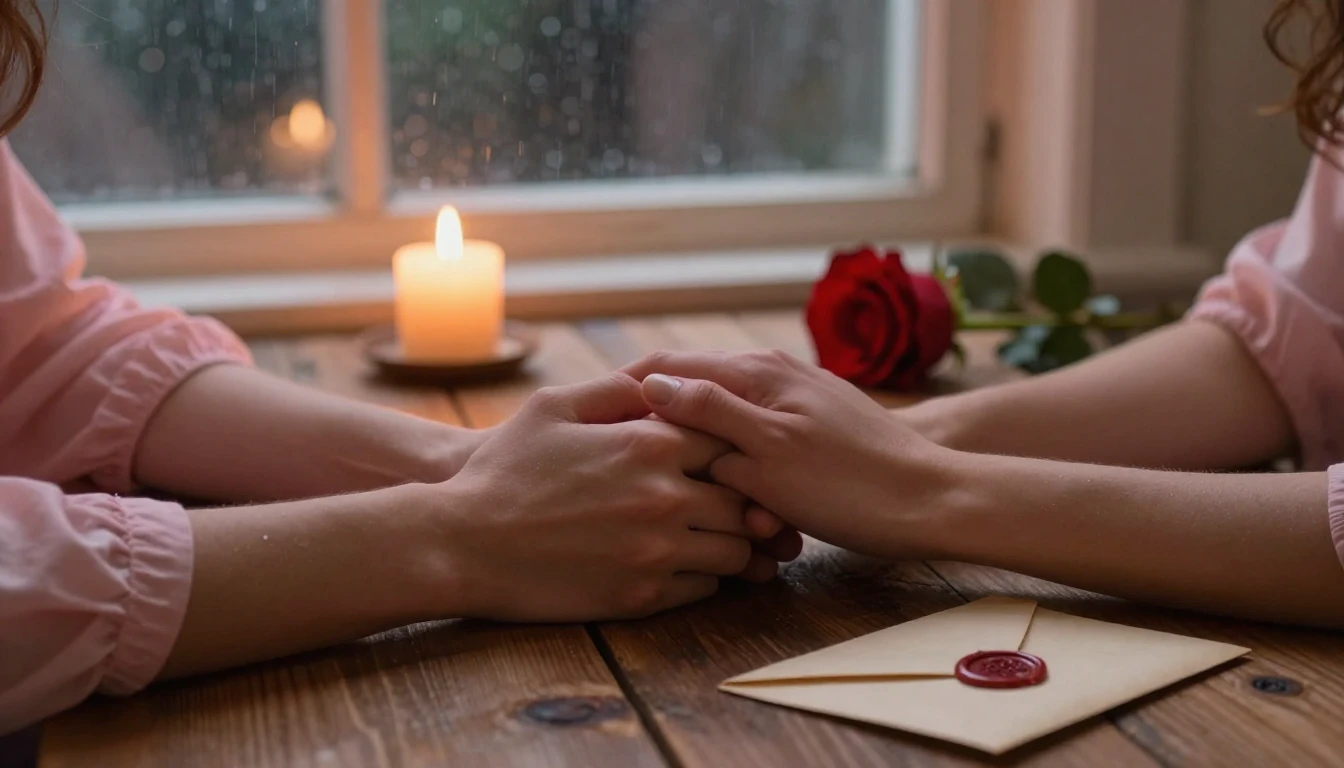 A romantic and intimate scene showing two hands gently holdi...