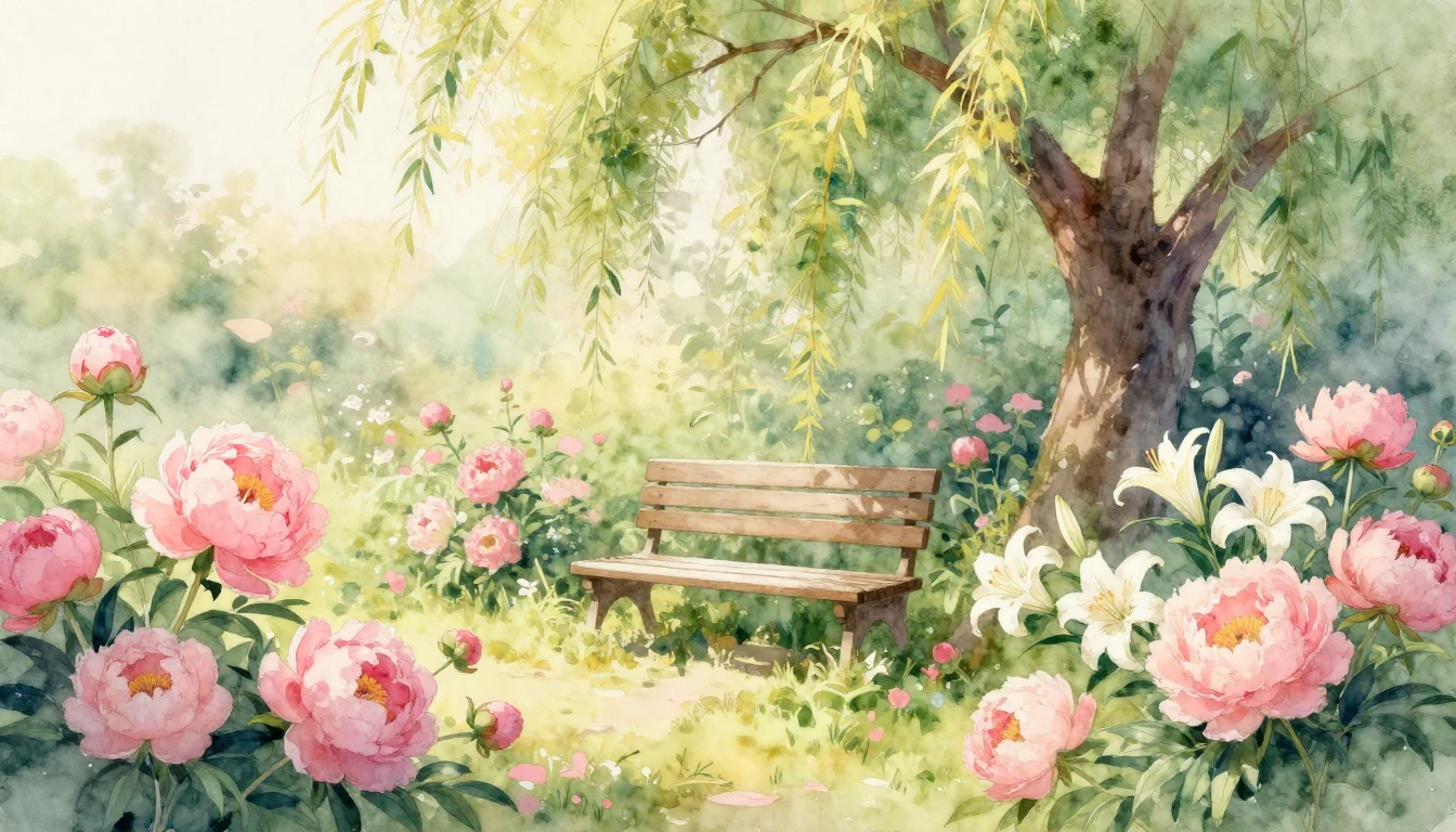 A soft watercolor painting depicting a warm, sunlit garden f...