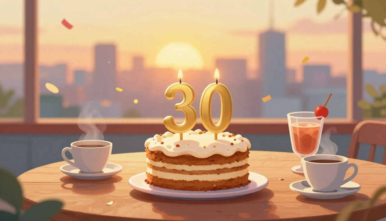 A warm and nostalgic illustration celebrating a 30th birthda...