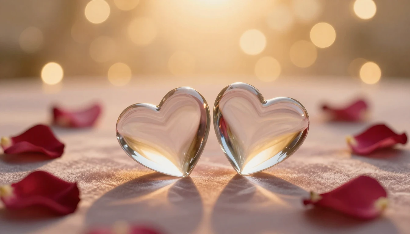 A serene and romantic scene featuring two elegant glass hear...