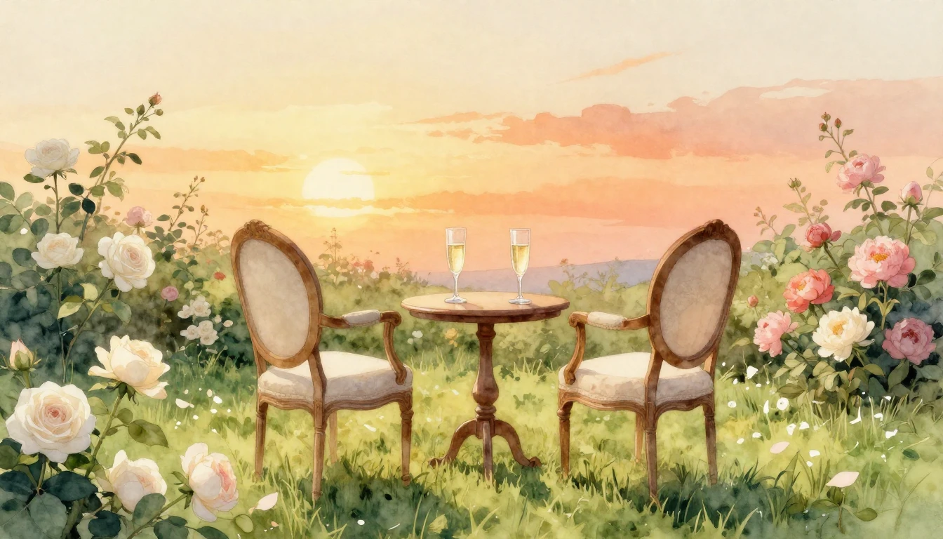 A serene and romantic garden setting at sunset, captured in ...