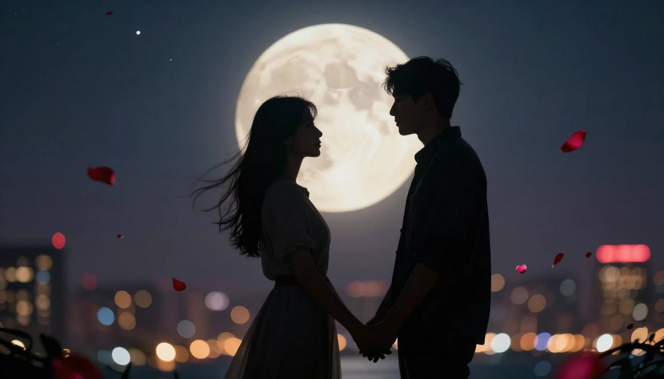 A romantic and atmospheric scene showing two silhouettes sta...